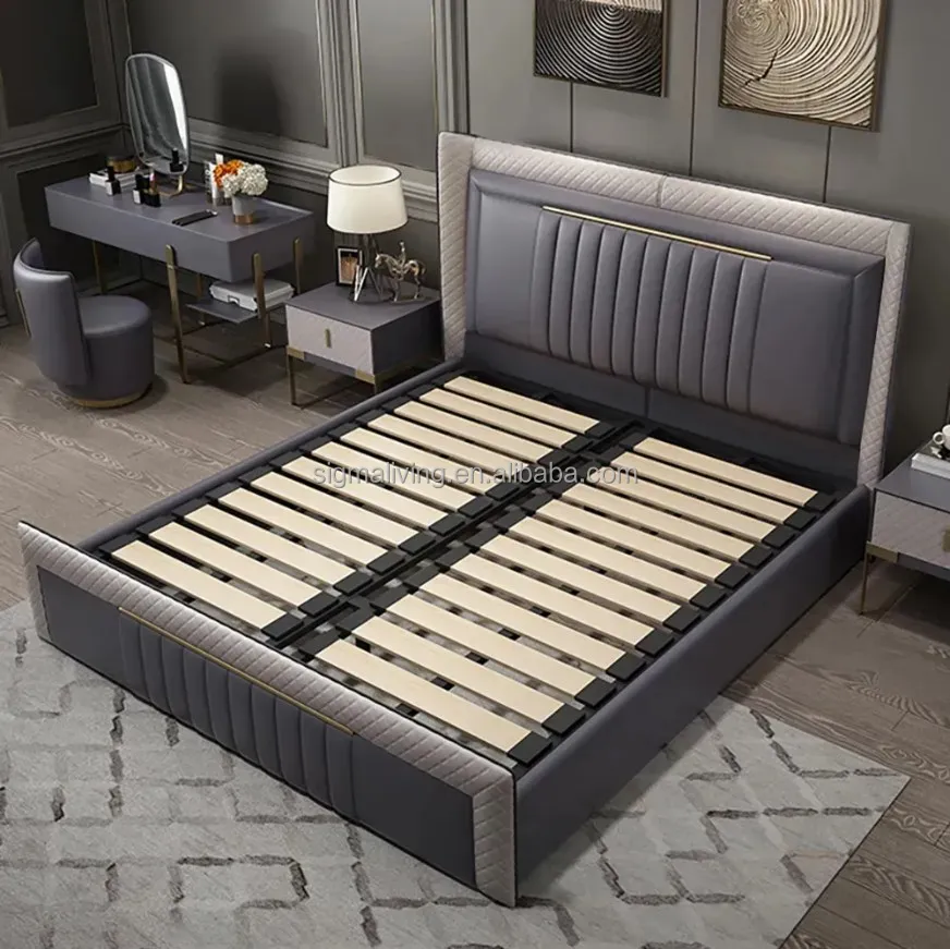 Modern frame wingback headboard upholstered cal king bed platform bed