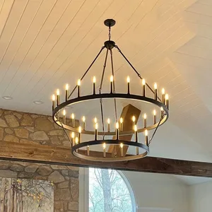 36 - Light Dining Room Iron Dimmable Candle Style Wagon Wheel Farmhouse Chandelier Ambient Living Room Lighting E12 Candelabra