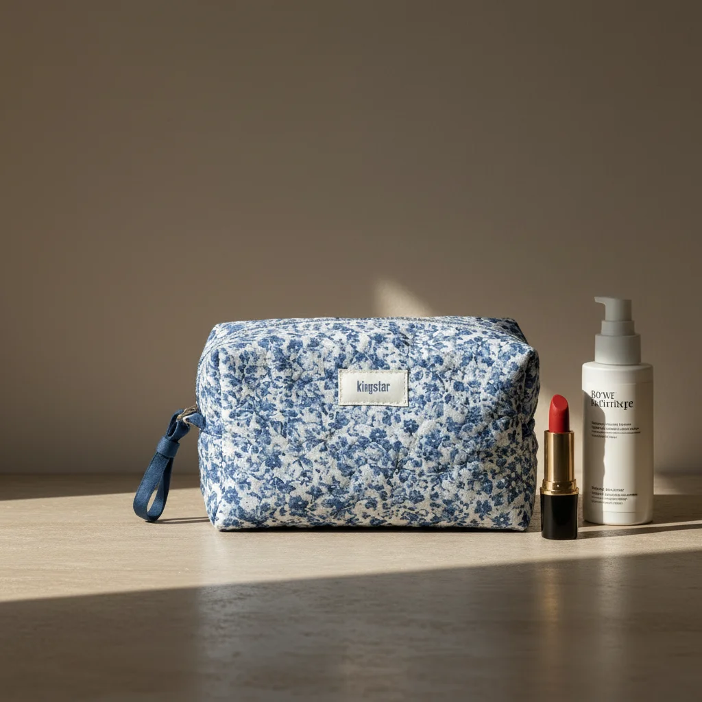 Custom logo Fashion Reusable Eco-friendly Cotton Quilted Cosmetic Bag Women Travel Portable Cute Make up Bag