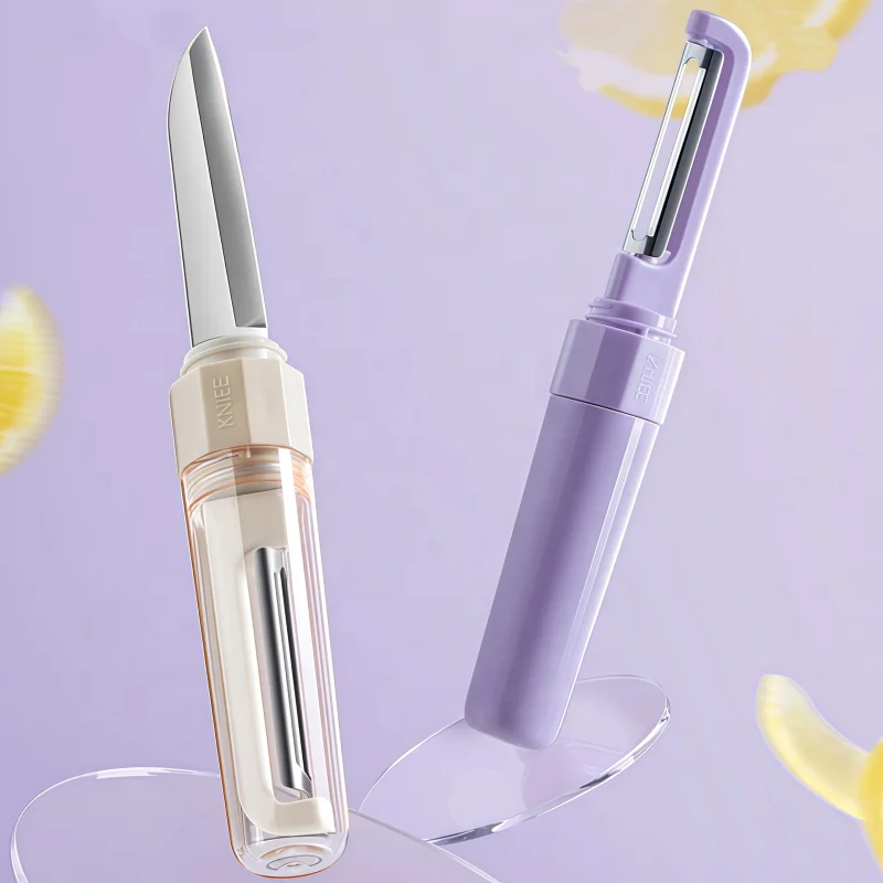 रचनात्मक पोर्टेबल ड्यूल हेड फल का चाकू, प्लास्टिक हैंडल वाला 2-इन-1 पीलर और कटर, घर, रसोई और यात्रा के लिए हैंड गार्ड कवर के साथ