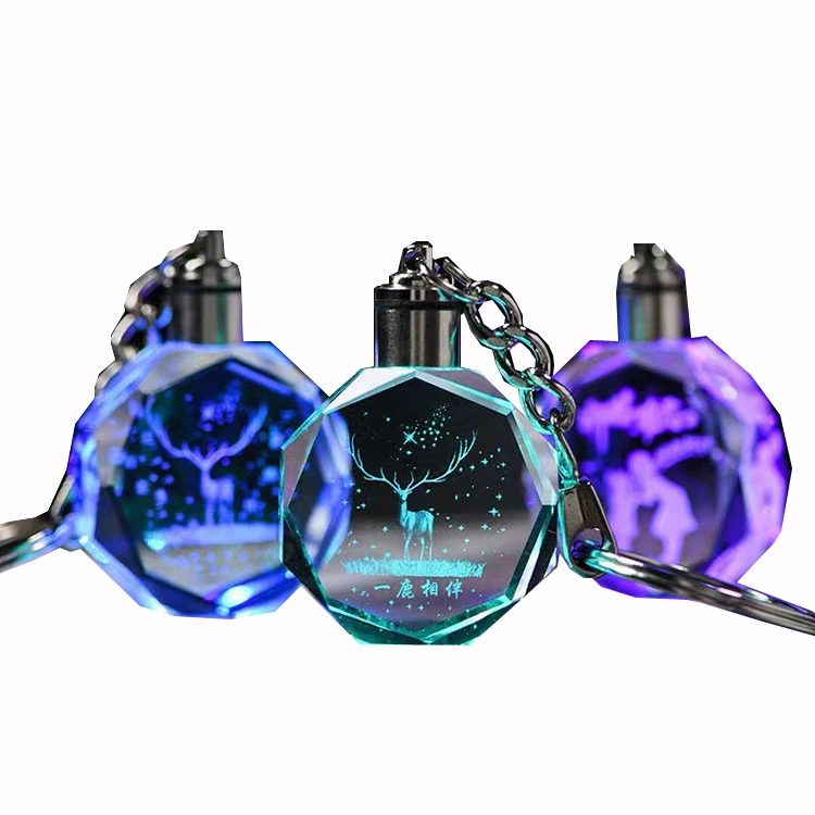 Wholesale Promotional Gift Cheaper Key Chains Custom Led Light 3D Glass Crystal Keychain