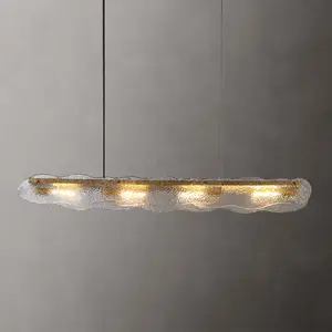 Minimalist Decorative Rectangle Led Indoor Lamp Nordic Gold Luxury Metal Iron Water Ripple Glass Pendant Light