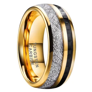 Coolstyle Jewelry 8mm Wholesale Meteorite Carbon Fiber Inlay Gold Tungsten Ring for Men Women Fashion Engagement Wedding Band