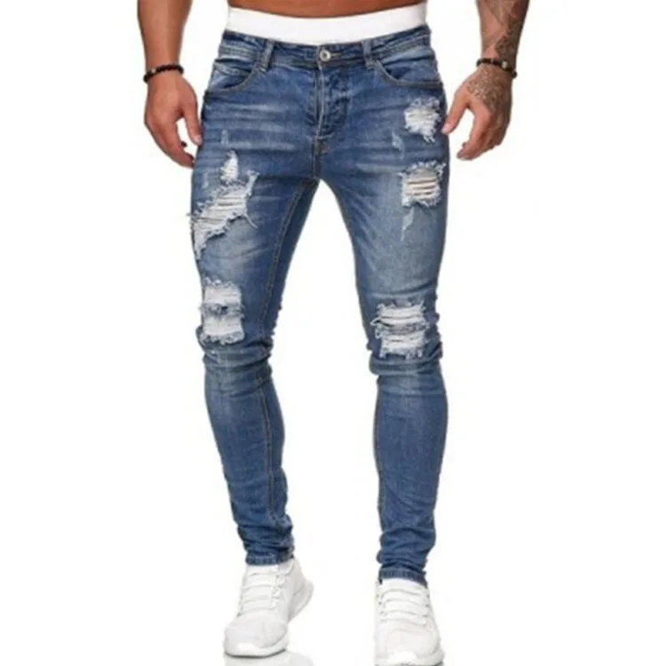 Men's Jeans Cool Ripped Skinny Trousers Stretch Slim Denim Pants Large Size Hip Hop Black Blue Casual Jogging Jeans for Men