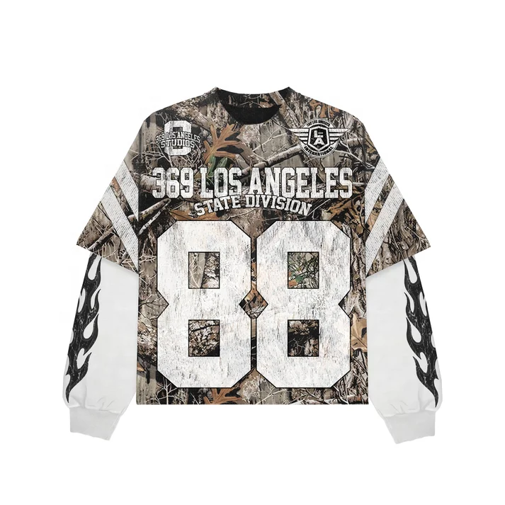 Custom Streetwear Cotton Boxy Tee Print Jersey Tshirt Baggy Camo Real Tree Camo Shirts Double Layer Long Sleeve T-shirts for Men gallery 3