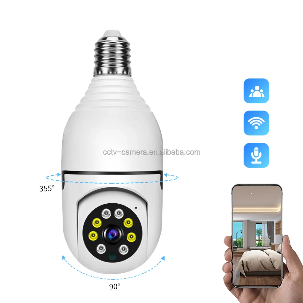 Two-Way Audio AI Human Detection Message Alarm Push 360 Degree Free Rotation Security Bulb Wifi IP Camera V380 Pro Mobile App