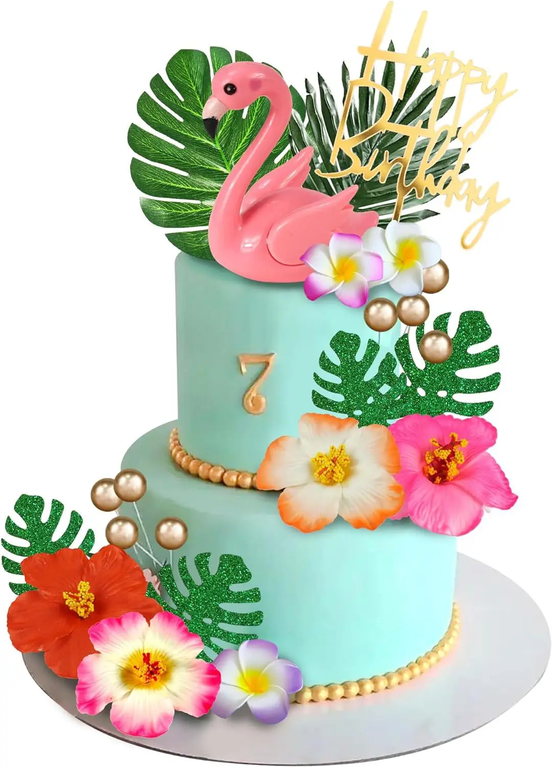 Hawaiian Flower Cake Decoration Hibiscus Flower Palm Leaf Happy Birthday Flamingo Cake Topper