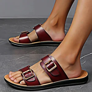 Comfortable Open Toe Double Straps Slides Slippers Shoes Men Summer Slip on Leather Flat Sandals Fashion Buckle Sandal for Men