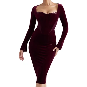 Custom High Quality Clothing Long Sleeve Waistband Contrast Mesh Party Elegant Ladies Prom Dresses