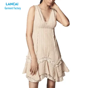 OEM Custom Women's Mini Dress V-neck Sleeveless Ruffled Details Asymmetrical Hem Solid Summer Dress