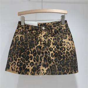 Viviblook Z505SK01 2026 Summer Slim Fit A-Line Skirt High Waisted Leopard Print Denim Short Skirt