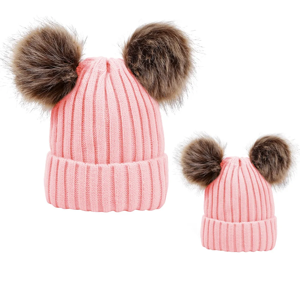 Baby knit hat with fur pom pom Clearance