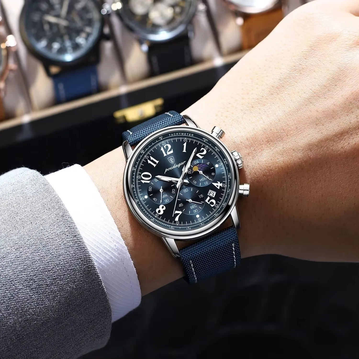 Luxury Silver Blue Quartz Chronograph Watch for Men