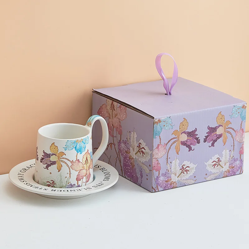product hotsale creative business gift idea medieval style octagonal ceramic cup watercolor iris coffee mug with fruit basket-4