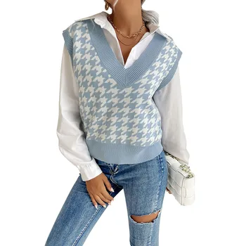 2024 Summer New Blue Thousand Bird Grid V-Neck Academy Sweater Tank Top Knitted Vest