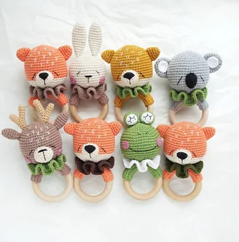 Wholesale Wood Crafts Cute Animal Wooden Ring Baby Crochet Teether Cotton Knitted Baby Teether Toy Baby Rattle Teether