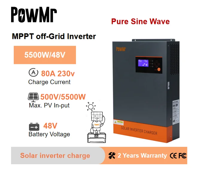 PowMr 5500W Hybrid Solar Inverter, Pure Sine Wave, MPPT 80A, 120V-450V ...