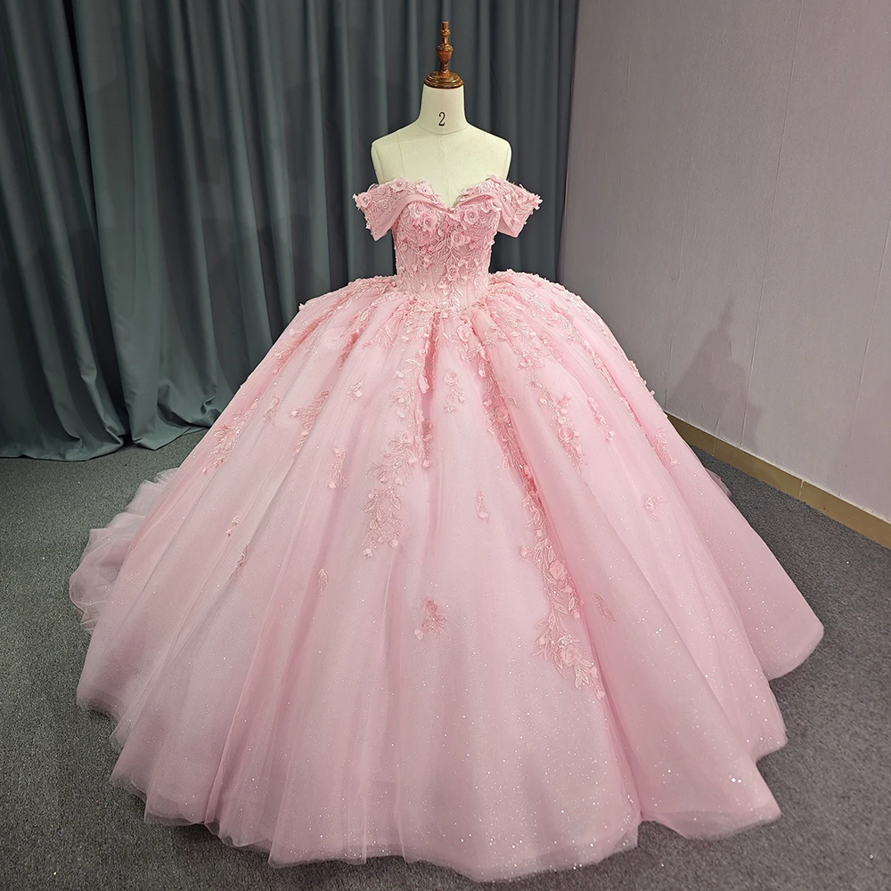 princess pink quinceanera dresses Ivory and Off the Shoulder Sweet 15 16 Gowns Pink Color Length Pink Quince Dresses, Quinceanera Dresses
