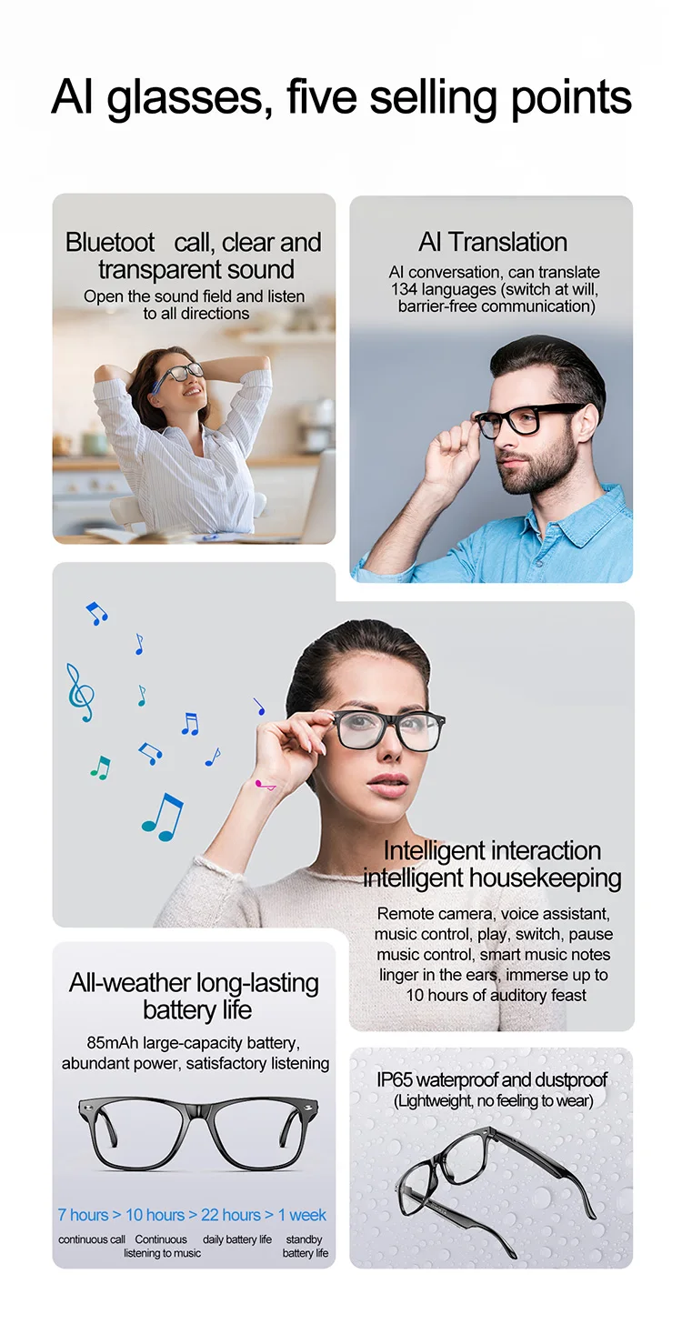 Fashion Luxury Custom AR Smart Ai Translation Eye Glass Optical Eyewear Anti Blue Light Blocking Sun AR AI Smart Glasses