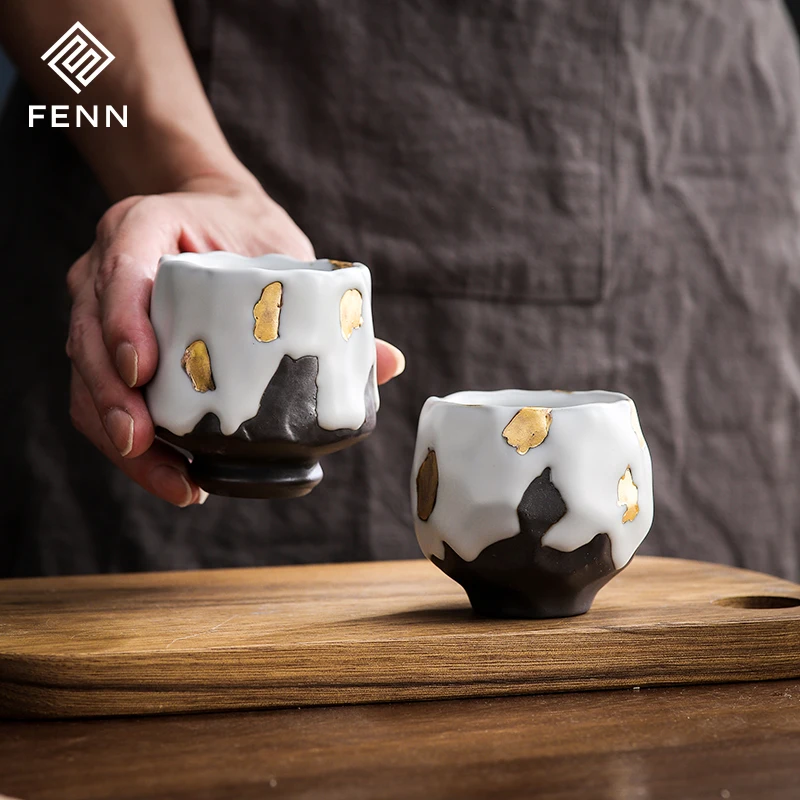 FENN Japanese teacup ceramic coffee cup irregular edge feature design cups body variety of Luxury grey with golden tea cups