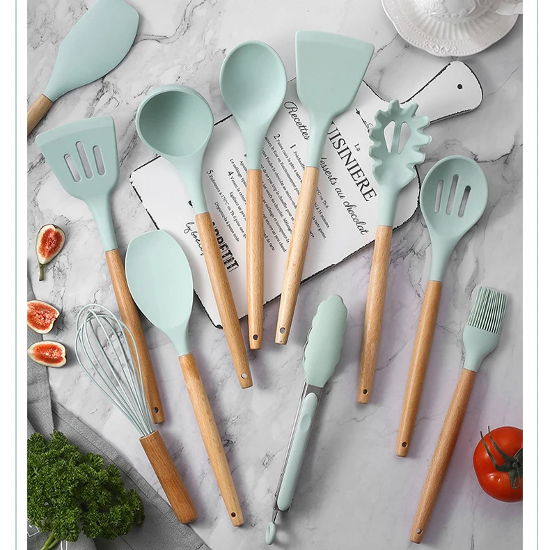 Оптовая продажа; 12 штук в 1 Набор Кухонные гаджеты Инструменты стенд кухонные шпатель силикона кухонная утварь набор с деревянной