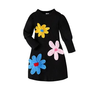 2026 Spring Boutique Kids Dress Colorful Flower Embroidered Knitted Long-Sleeved Girls Casual Fashion Dresses Peter Pan Collar