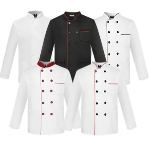 Wholesale Breathable Custom logo Plain Men White Black Chef Coat Restaurant Kitchen Cotton Poplyester Unisex Chef Jacket Uniform