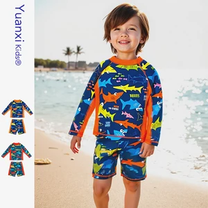 Custom Logo Kids Clothes Set Boys Swimsuit Trunk Long Sleeve Kids Rash Guard Two Piece Shark Print Children's Swimwear