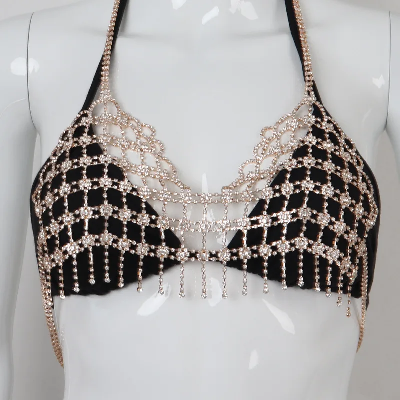 Sexy Women Bikini Jewelry Mesh Rhinestone Sliver Tassel Body Chain