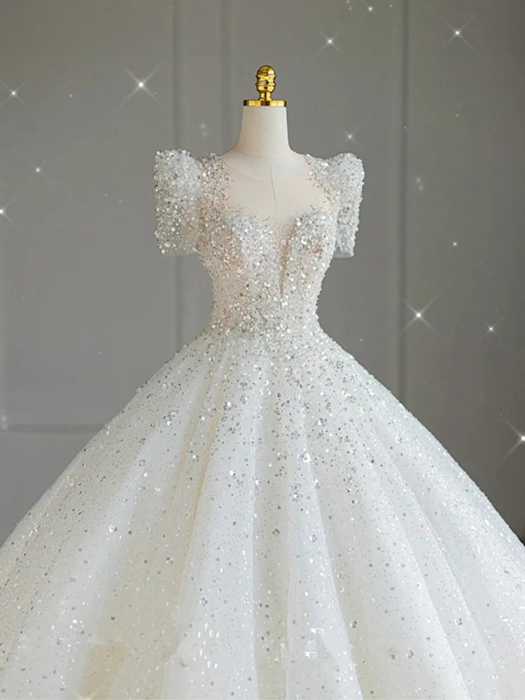 white beaded flapper dress Sparkly Beading Sequins Off Shoulder Long Sleeve Wedding Dress