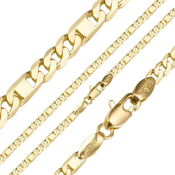 Fashion Jewelry Figaro Link Mixed Mirror Link Chains Plated In 14K Gold Brass Cuba Chain Necklace Jewelry for women and men