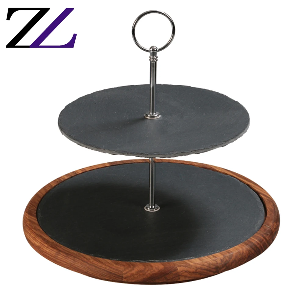 New Advantages of Buffet Catering Service Black Food Serving Dinner Pizza Wood Plate with Punch Handle Natural Slate Stone Plate