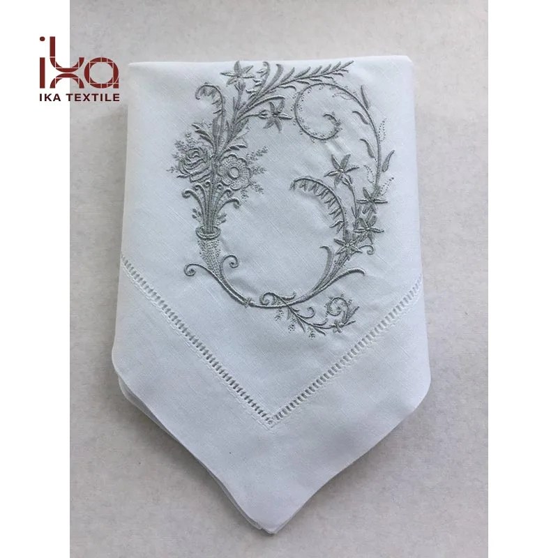 
Dinner Restaurant Hemstitch Handkerchief Cloth Embroider Monogram White Linen Fabric Table Napkin 