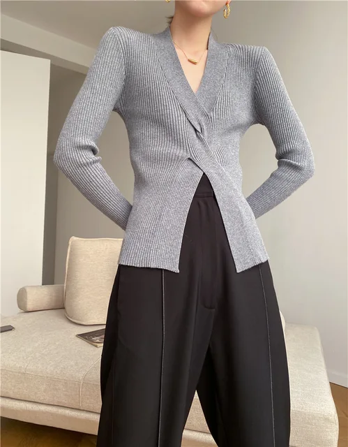 Spring V-neck machine design cross-kink slim fit soft glutinous solid color knitwear base layer top women clothing