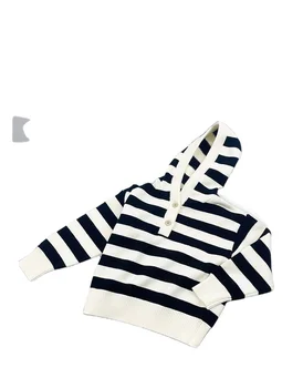 Crew neck knit hooded sweater for Child with black white stripe