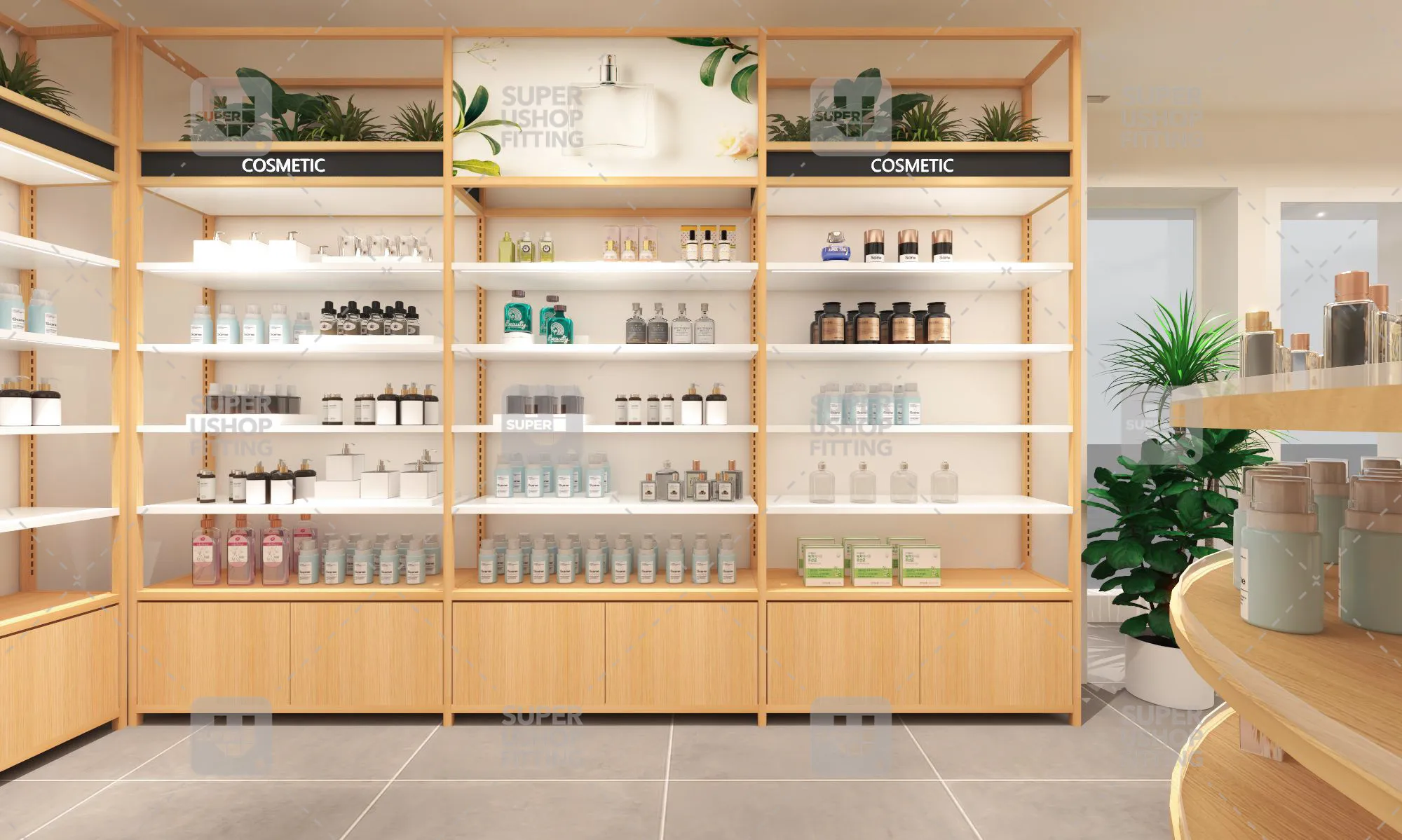 Custom Retail Skincare Display Showcase Customized Makeup Shop Interior Design Wooden Cosmetic Display Shelves