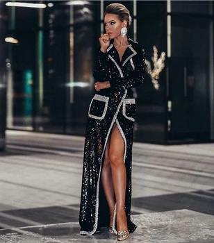 Christmas OEM New Arrival High Quality R Women Long Sleeve Luxury Black White Sequin Style Maxi Coat