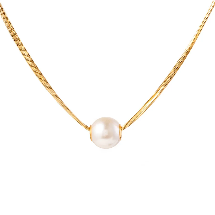 2025 Minimalist Design Double Layers Pearl Necklace Trendy Gold Plated Flat Snake Chain Stainless Steel Necklaces for Women