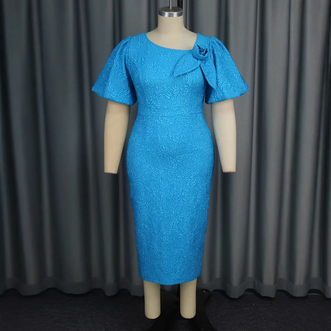 New Arrival 2025 Elegant Midi Dress Plus Size Blue Puff Sleeve Dress Fat  Women African Design Elegant Bodycon Dresses
