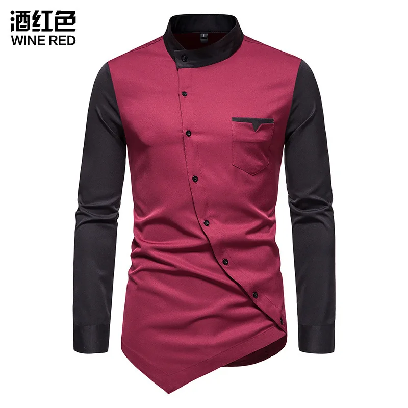 Youth Diagonal Button Irregular Color Contrast Henley Collar Long-sleeved Casual Shirt Large Size Casual Men's Shirts