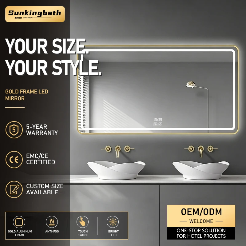Customized Size Gold Led Bathroom Mirror Aluminum Alloy Frame Led Mirror Defogger Smart Bathroom Mirror with Led Light for Hotel