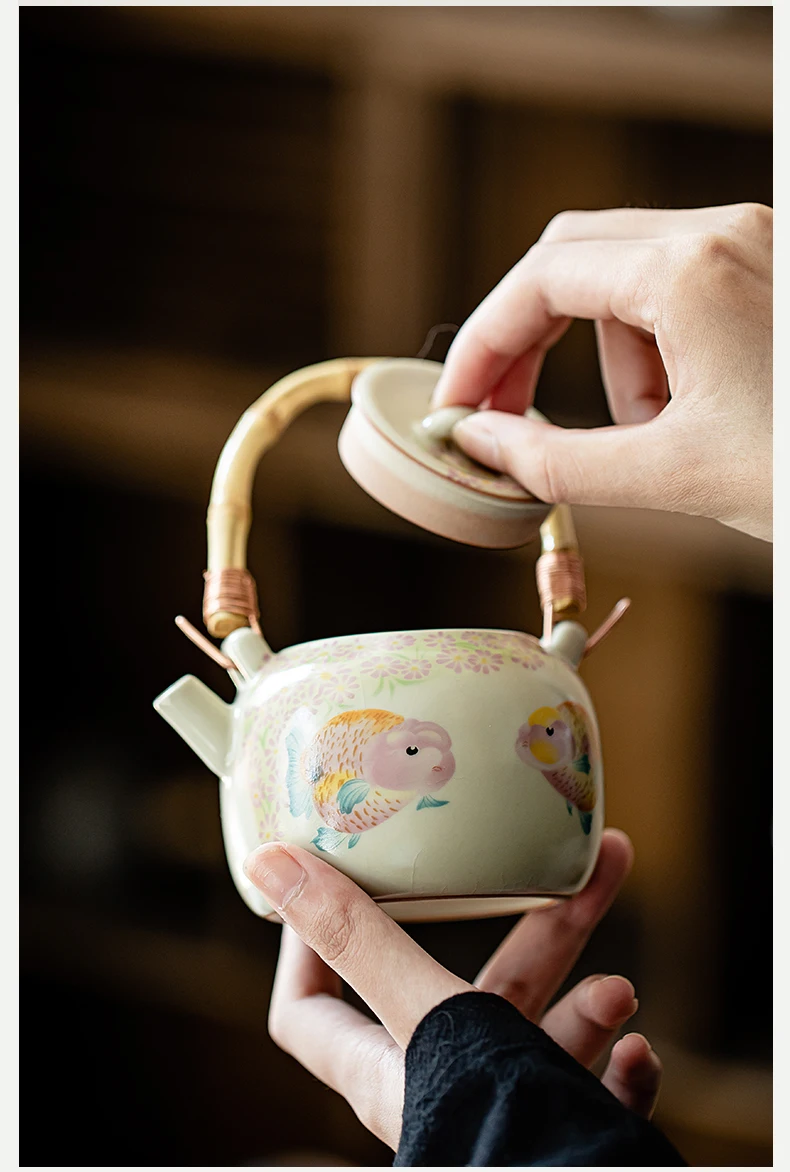 Goldfish Large Capacity Ceramic Teapot Bamboo Joint Beam Pot Beige Ru Kiln Household Tea Cups Saucers Open Piece Filter Pot