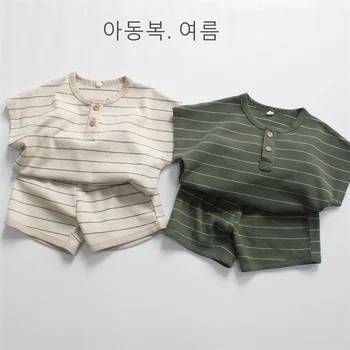 Casual Korean Style 2025 Summer Short-Sleeved Waffle Suit for Boys and Girls Round Neck Striped Loose Baby Outfit
