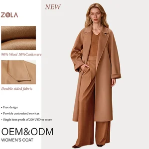 Elegant Long Winter Coat Handmade Cashmere Blend Notched Collar Solid Color Soft Woolen Fabric Open Front Closure Hidden Pocket