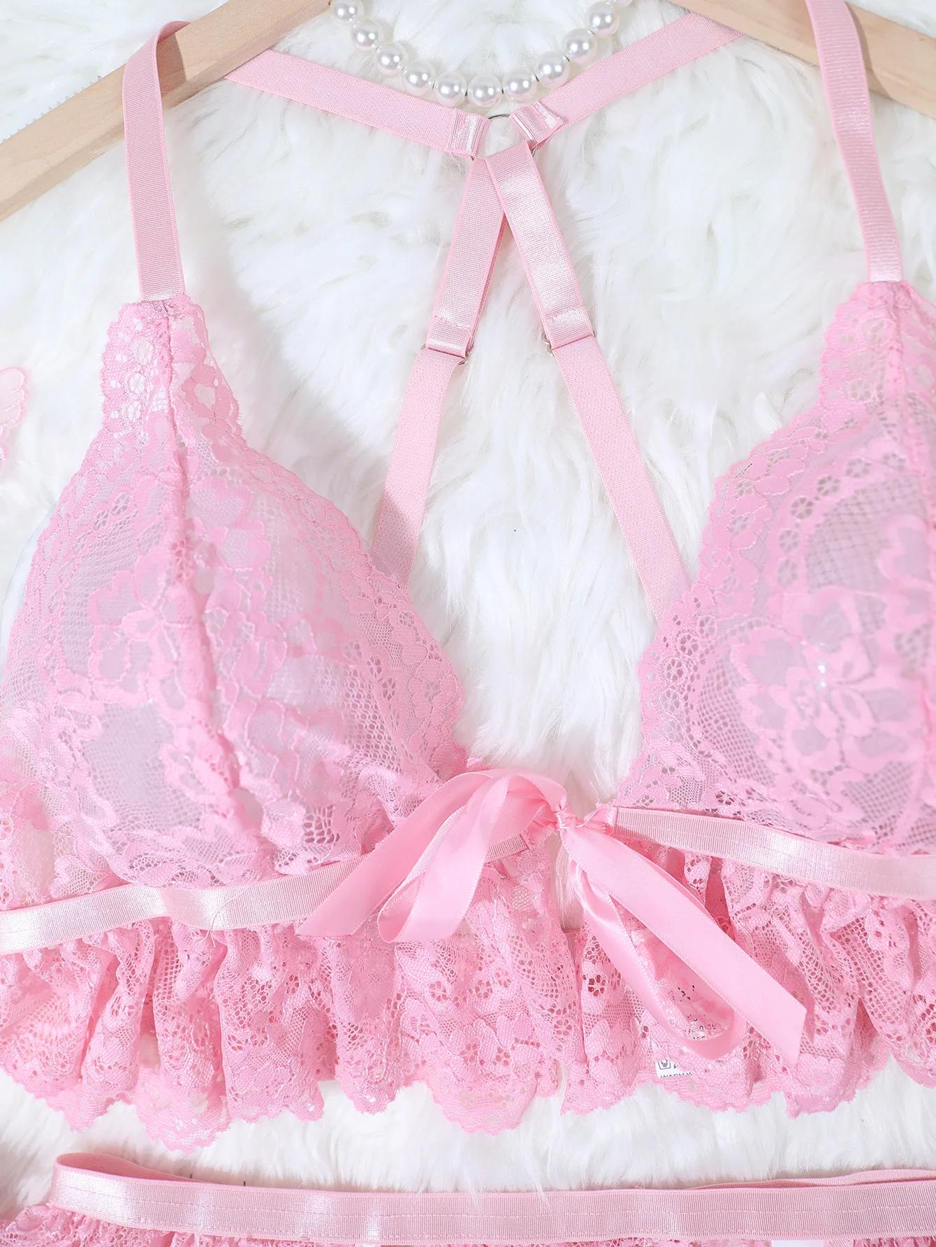 JSMANA Erotic Sexy Temptation Plus Size 2 Piece Set Lingerie Pink Color Sexy New Women Lace Bra Suit Ribbon Bow Top & Shorts Set