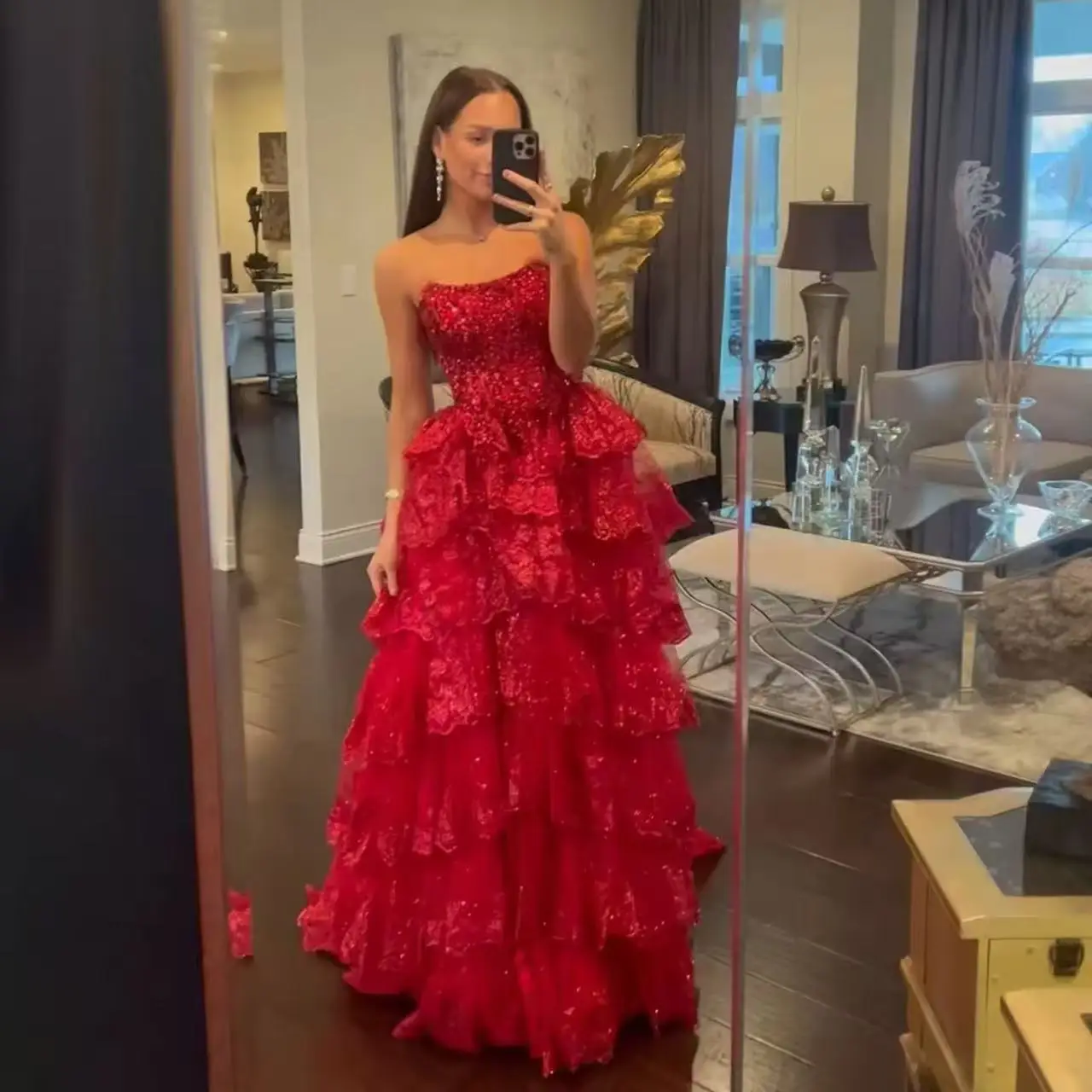 Customized Women's Red Strapless Sequin Evening Dress Prom Outfit with High  Side Slit for Graduation