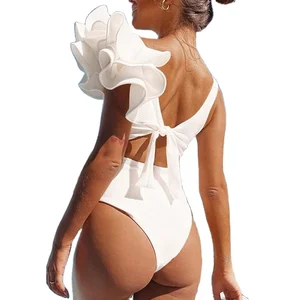 New Sexy Ruffle Solid White One Piece Strappy Hollow Swimwear Women Swimsuit Bathing Suit Backless Beach Wear Monkini