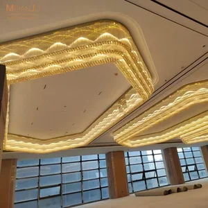 Custom Large Foyer K9 Crystals Gold Pendant Light Decorative Hotel Project Light Rectangular Lobby Chandelier Ceiling Light