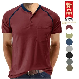 European American Men's Henry Top Four Seasons Short Sleeve Woven Silk/Cotton for Shirt Breathable Pocket Print Color Matching
