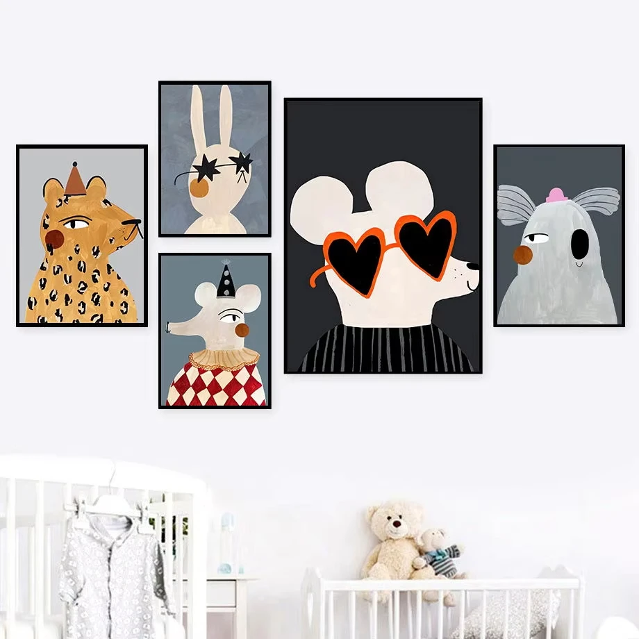 Cartoon Mouse Rabbit Duck Leopard Sheep Pig Poster Nordic Wall Art Print Canvas Painting Nursery Pictures for Baby Bedroom Decor